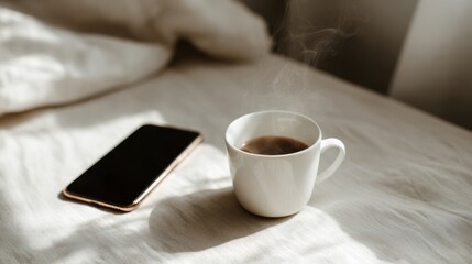 Cozy morning scene with steaming cup of coffee and smartphone on bed.