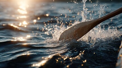 Wooden canoe paddle splashing dark blue water with golden sun glare boat