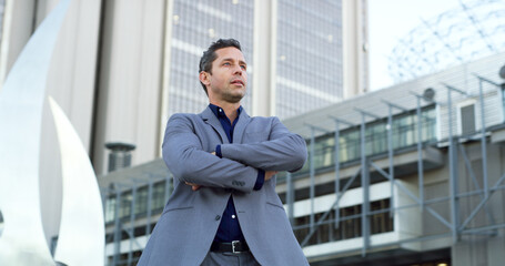 Business man, thinking and vision in city for property viewing, idea and planning outdoor. Urban...