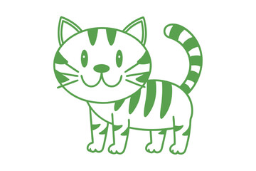 A cheerful green cartoon cat with a striped tail stands on a white background
