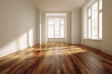 Obraz premium An empty room with hardwood floors and large windows bathed in natural light showcases a bright and airy space.