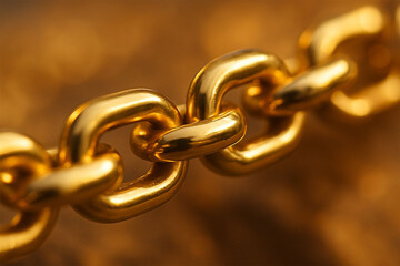 Fototapeta premium Close up of a heavy ornate golden chain link with a blurred warm background