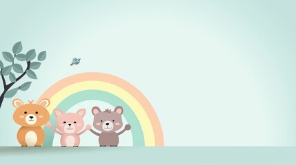 Naklejka premium Cute Animals with Rainbow Group of cartoon animals holding hands under a rainbow, representing friendship and diversity, heartwarming and inclusive illustration