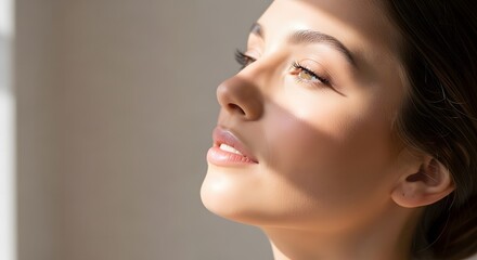 Fototapeta premium Captivating profile of a young woman bathed in soft golden sunlight, highlighting her serene expression and the luminous, healthy glow of her skin, embodying natural allure