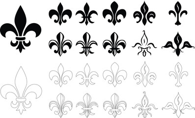 Fleur De Lis black icon set Royal French heraldic symbol New Orleans hold support and recover Design element was the official emblem of French monarchy, symbolizing, royalty, purity, and divine right
