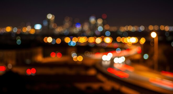 Outoffocus night view of a city skyline and highway lights blurring into colorful bokeh
