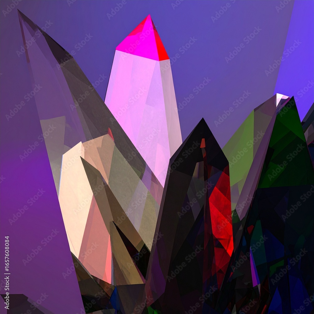 Poster abstract illustration of multifaceted crystals, showcasing a vibrant array of geometric shapes and r