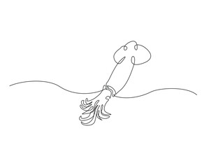 Squid sea animal outline drawing illustration. one continuous line drawing of squid in the sea.