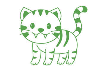 Cheerful tiger cub with stripes smiles, showcasing its two small fangs on a white surface