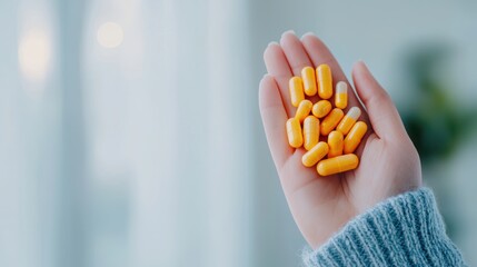 Vitamin Capsule and Pill Hand holding a handful of colorful pills, white background, symbolizes taking control of one health and well being