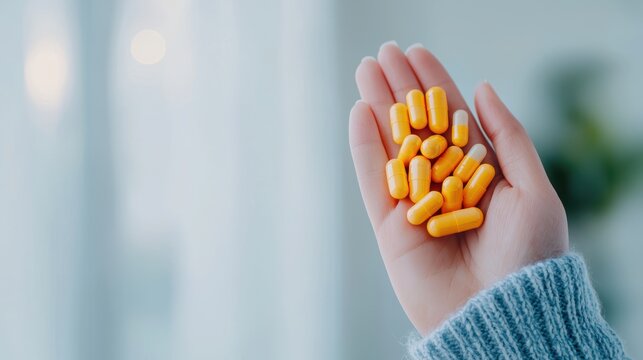 Vitamin Capsule and Pill Hand holding a handful of colorful pills, white background, symbolizes taking control of one health and well being