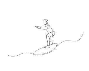 Surfer surfing in the sea outline drawing illustration. one continuous line drawing of surfing sport.