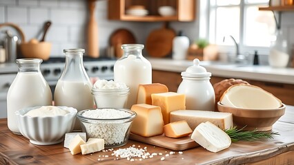 An assortment of dairy products arranged on a wooden table in a rustic kitchen.