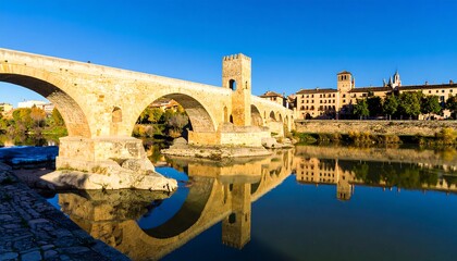 Fototapeta premium Ancient stone bridge spanning a calm river, reflecting buildings and clear sky