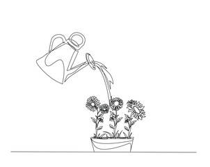 Watering flowers with water can outline drawing illustration. one continuous line drawing of pouring water in flower with water can.