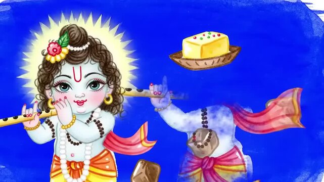 Little Krishna with flute, dessert, and blue.