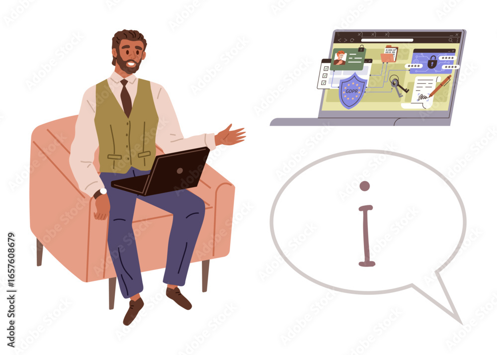 Aufkleber man seated with a laptop gestures towards a browser screen displaying cybersecurity elements thumbs 