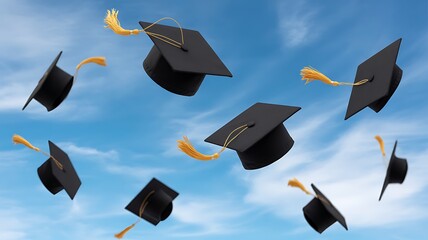 Graduation caps flying in the air against clear blue sky, symbolizing success, academic achievement, celebration, and new beginnings for students
