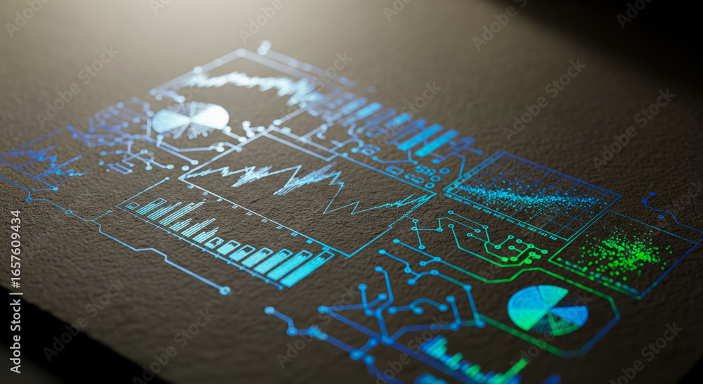 Aufkleber futuristic data analysis dashboard with glowing charts and graphs. digital screen with financial sta