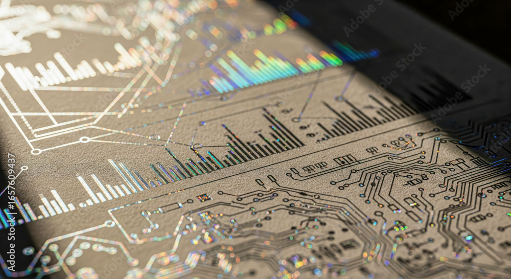 Aufkleber closeup of futuristic financial data charts with holographic effect. abstract technology background 