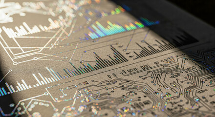 Closeup of futuristic financial data charts with holographic effect. Abstract technology background with business analytics graphs and electronic circuit. Big data visualization concept