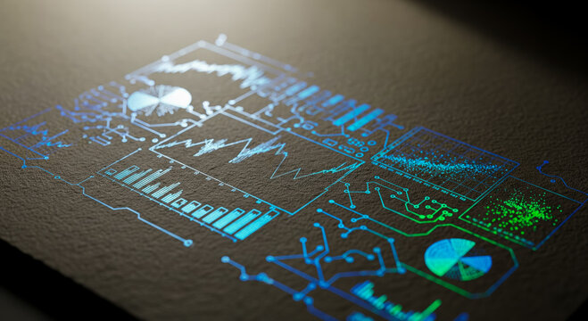 Futuristic data analysis dashboard with glowing charts and graphs. Digital screen with financial statistics and business analytics. Technology concept with circuit board elements