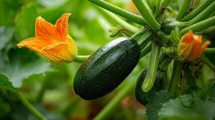 Fresh zucchini vegetable growing on the vine with vibrant orange flowers and green leaves