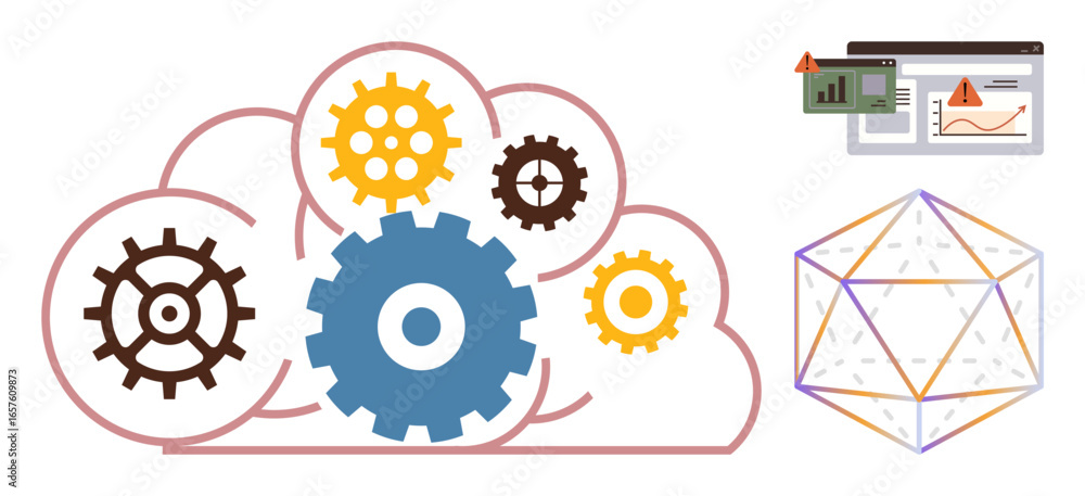 Poster gears within a cloud, data charts on screens, and geometric shape highlight synergy between technolo