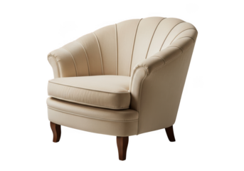 Cream upholstered accent chair with fan back design isolated on transparent background
