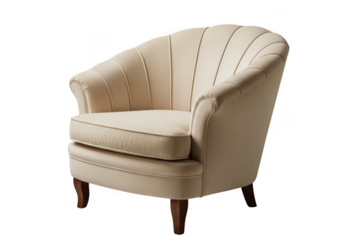 Cream upholstered accent chair with fan back design isolated on transparent background