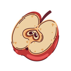 Juicy red apple slice with seeds, vector illustration. Half of fresh fruit for healthy food designs, kids projects, packaging, menus, educational materials. Flat cartoon clip art isolated on white