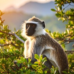 Fototapeta premium Firefly monkey sitting gracefully on a tree branch during sunset in a lush natural habitat