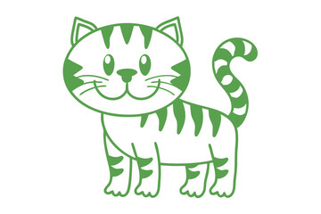 Green cartoon cat with stripes and curved tail stands on white background