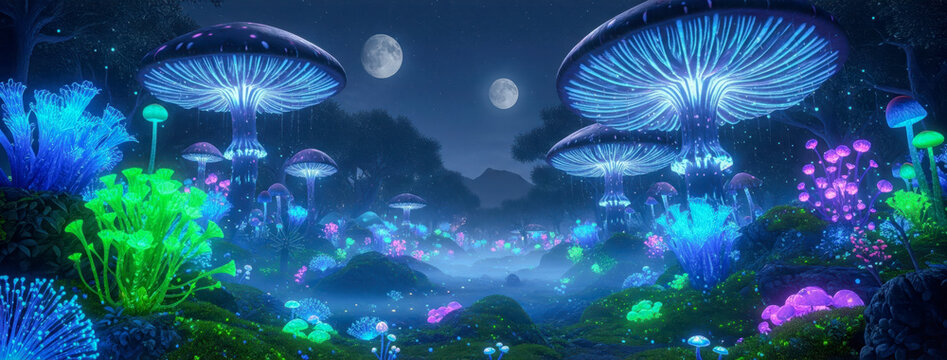 Enchanted forest at night with giant glowing mushrooms. Fantasy landscape with magical bioluminescent plants and two moons. Psychedelic fairytale world illustration for games - Powered by Adobe