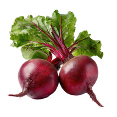 Two red beets with green leaves on top