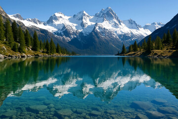 Serene mountain lake reflecting snow capped peaks and evergreen forest