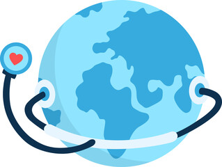 World health day illustration. Simple illustration of health day with globe, heart, stethoscope in flat style. Vector isolated.