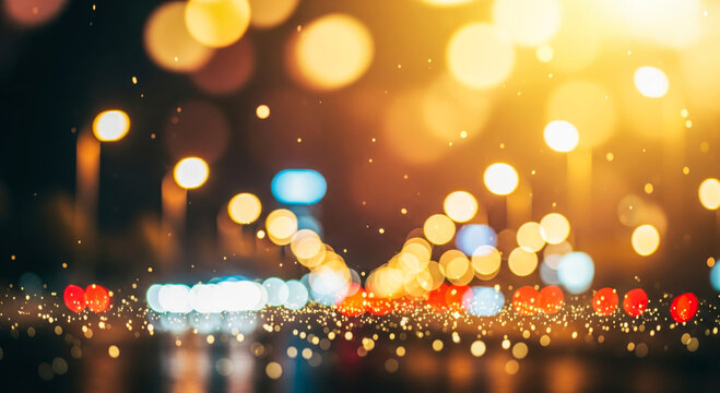 Abstract bokeh background with blurred city lights at night. Festive colorful circles from traffic on wet street. Holiday celebration and urban life concept