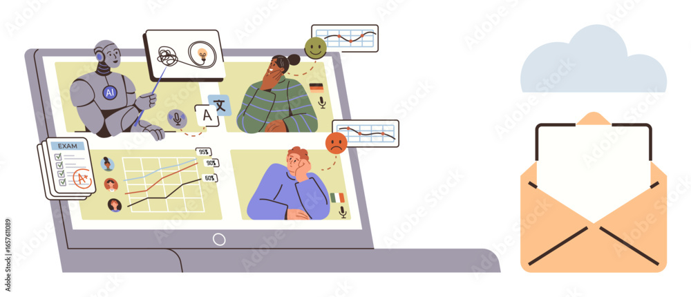 Poster laptop screen features ai bot and diverse individuals in virtual interaction, data charts, email ico