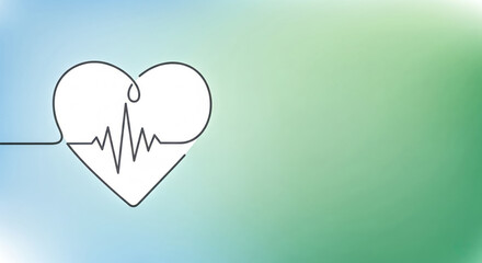 Heart health awareness concept with continuous line drawing of heart and heartbeat on blue green gradient background, ideal for cardiology clinic promotion
