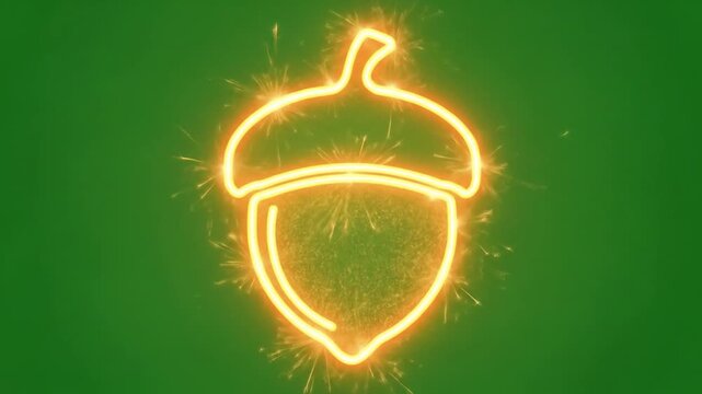 Glowing Neon Acorn Outline Animation with Sparkles on Green Screen for Nature or Autumn Concepts