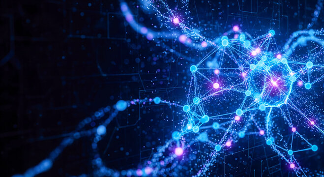 Artificial intelligence and neural network concept. Abstract futuristic background of big data connections and nodes in digital cyberspace. Science and technology illustration
