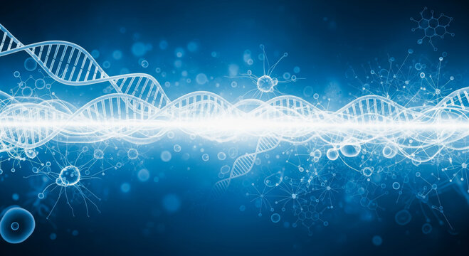 Genetic research concept with glowing DNA helix and molecules on blue background, futuristic science and biotechnology illustration for medical presentation or banner - Powered by Adobe