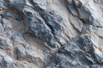 A close-up view of a textured rock face, showcasing rugged shapes and varying shades of gray and light beige.