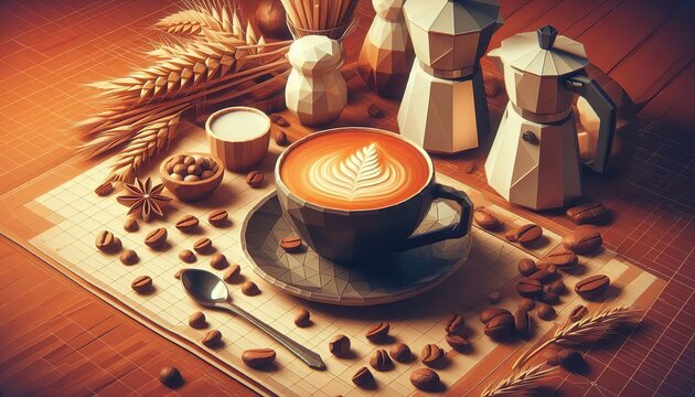 Cup of coffee with beans ingredients fresh drink concept 3d illustration low poly