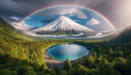 Landscape with mountains and clouds lake and woods nature environment with rainbow