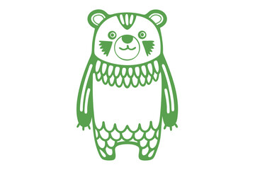Cute green outline bear stands upright with a decorative design, it is so sweet