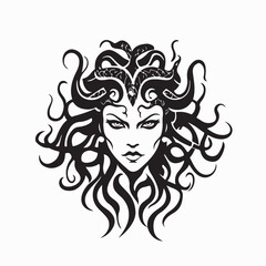 ribal Style Medusa Head Logo Vector with Flowing Hair lon white background