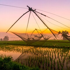 Sunrise over rice paddy with fishing nets