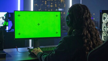 A woman with headphones sits at a computer with a green screen, focused on gaming in a dark room with city lights visible in the background.